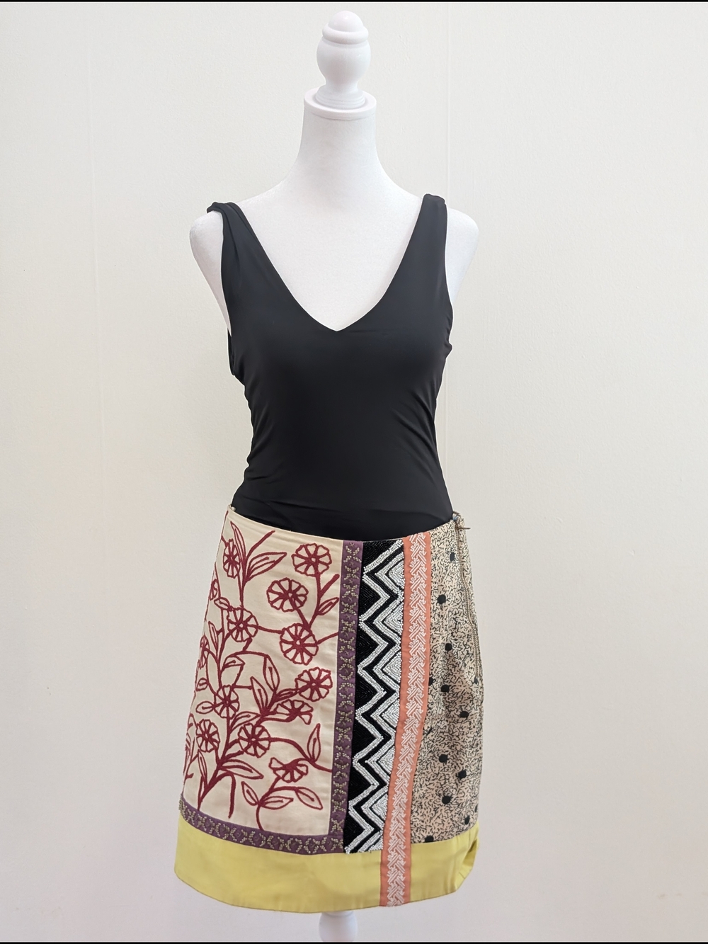 Anthrologie Mixed-Print Mini Wrap Skirt in Cream, Burgundy & Yellow